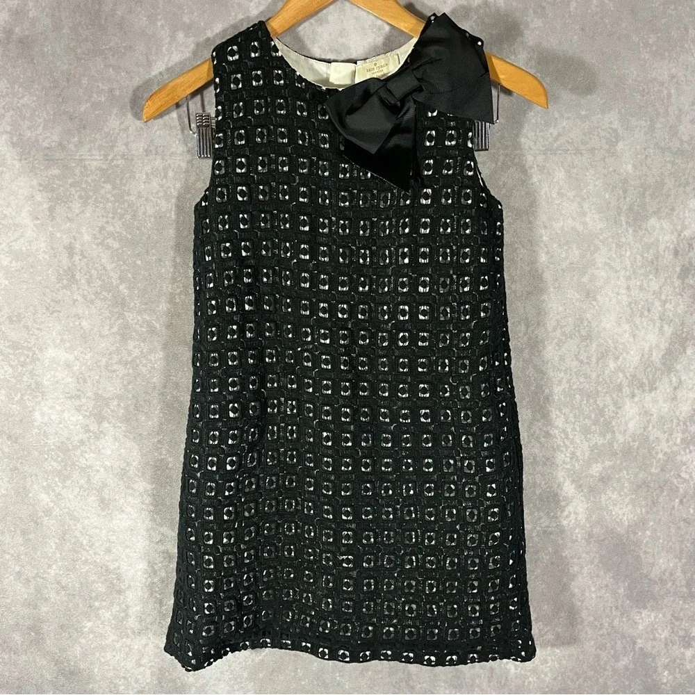 Kate Spade Eyelet Shift Dress Womens 10 Black White Bow Skirt the Rules Coquete